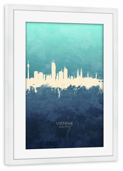 Poster mit Rahmen weiß "Vienna Austria Skyline NavyCyan" artboxONE - Städte,Städte / Wien