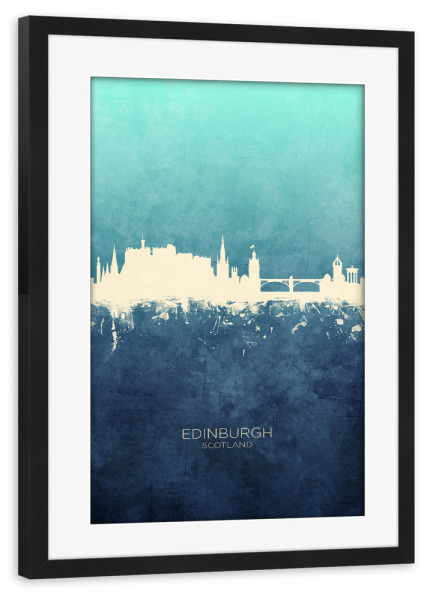 Poster mit Rahmen schwarz "Edinburgh Skyline NavyCyan" artboxONE - Städte