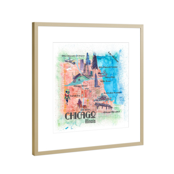 Poster mit Rahmen Gold "Chicago Illustrierte Karte" artboxONE - Städte,Städte / Chicago