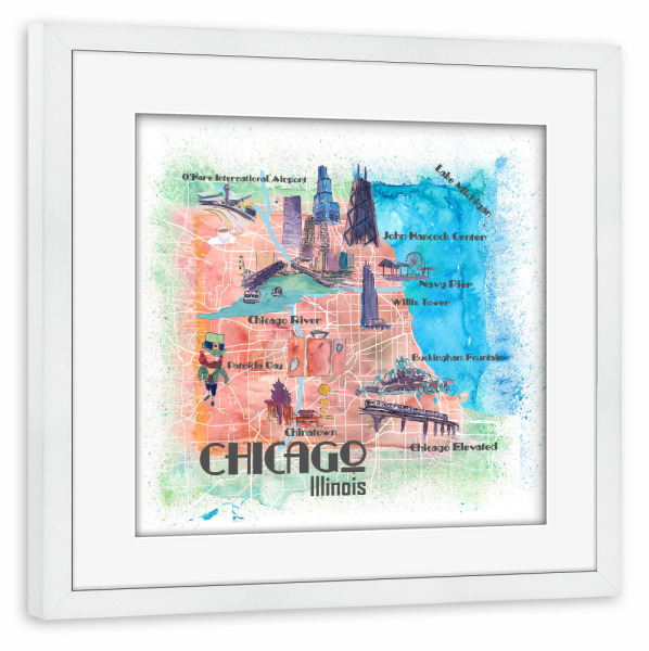 Poster mit Rahmen weiß "Chicago Illustrierte Karte" artboxONE - Städte,Städte / Chicago