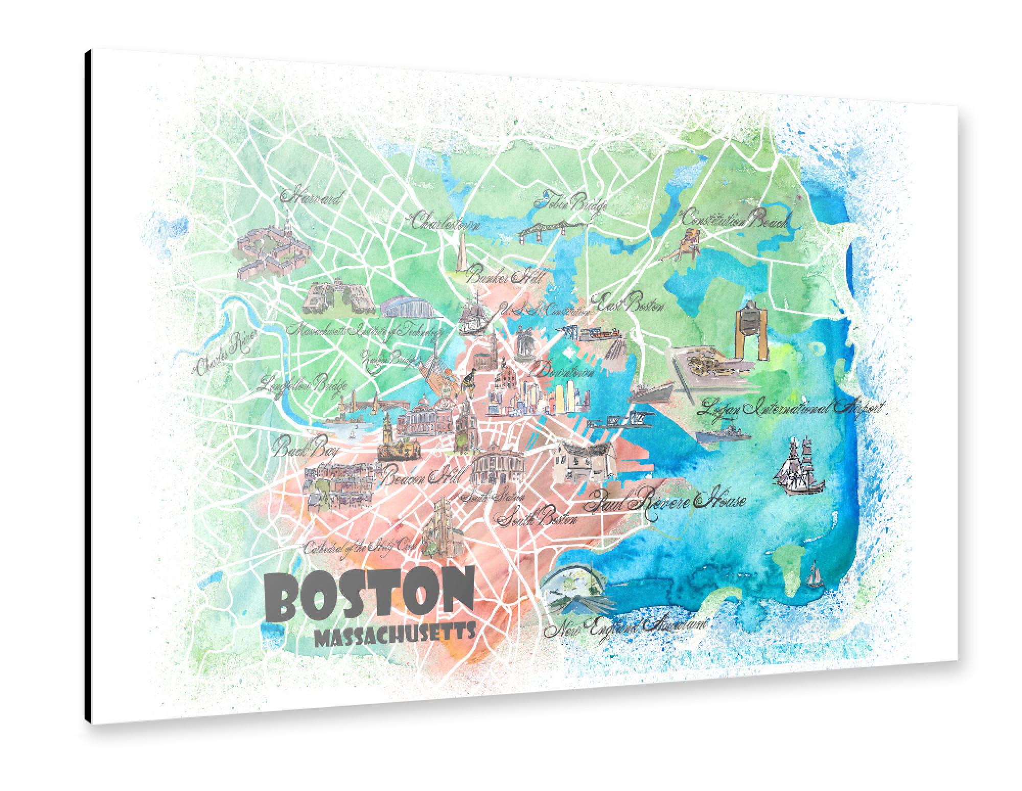 Alu-Dibond "Boston Illustrierte Karte" 30x20 cm artboxONE