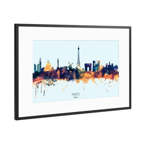 Poster mit Rahmen Schwarz (Metallic) "Paris France Skyline BlueOrange" artboxONE - Städte,Städte / Paris