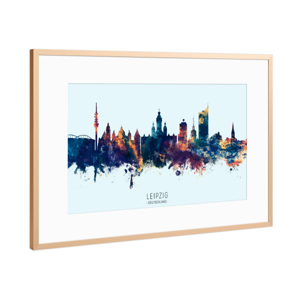 Poster mit Rahmen Kupfer "Leipzig Germany Skyline BlueOrange" artboxONE - Städte