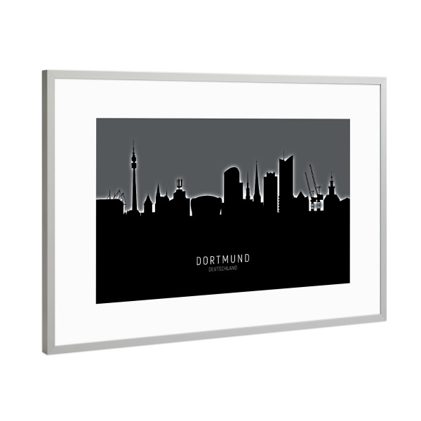 Poster mit Rahmen Silber "Dortmund Skyline Glow White" artboxONE - Städte,Schwarzweiß