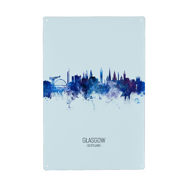 Holzbild "Glasgow Scotland Skyline Dark Blue" artboxONE - Städte - Glasgow,Scotland,Skyline,Cityscape,Stadtbild,Watercolor,Pride,City,Stadt,Schottland