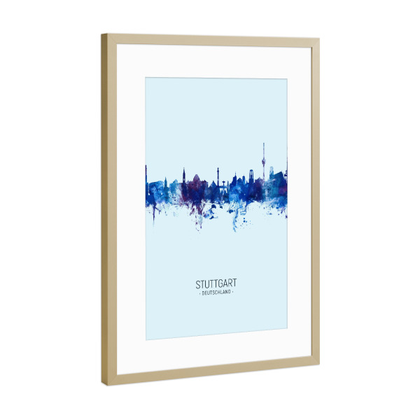 Poster mit Rahmen Gold "Stuttgart Skyline Dark Blue" artboxONE - Städte,Städte / Stuttgart