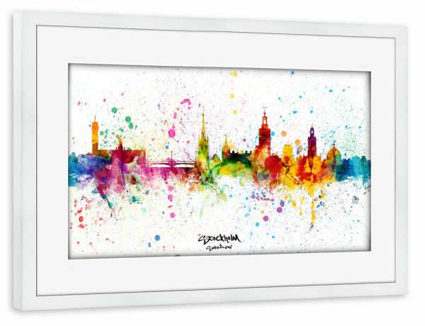 Poster mit Rahmen weiß "Stockholm Sweden Skyline Splash" artboxONE - Städte,Städte / Stockholm