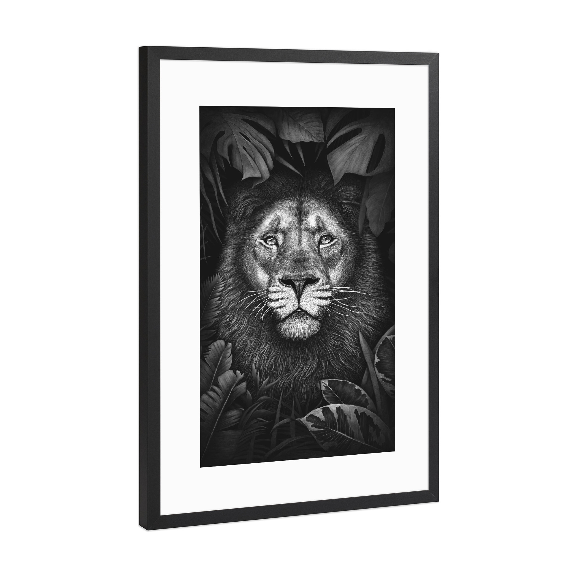 Poster mit Rahmen Schwarz (Metallic) "Lion in tropical leaves" artboxONE - Natur,Floral,Tiere,Schwarzweiß
