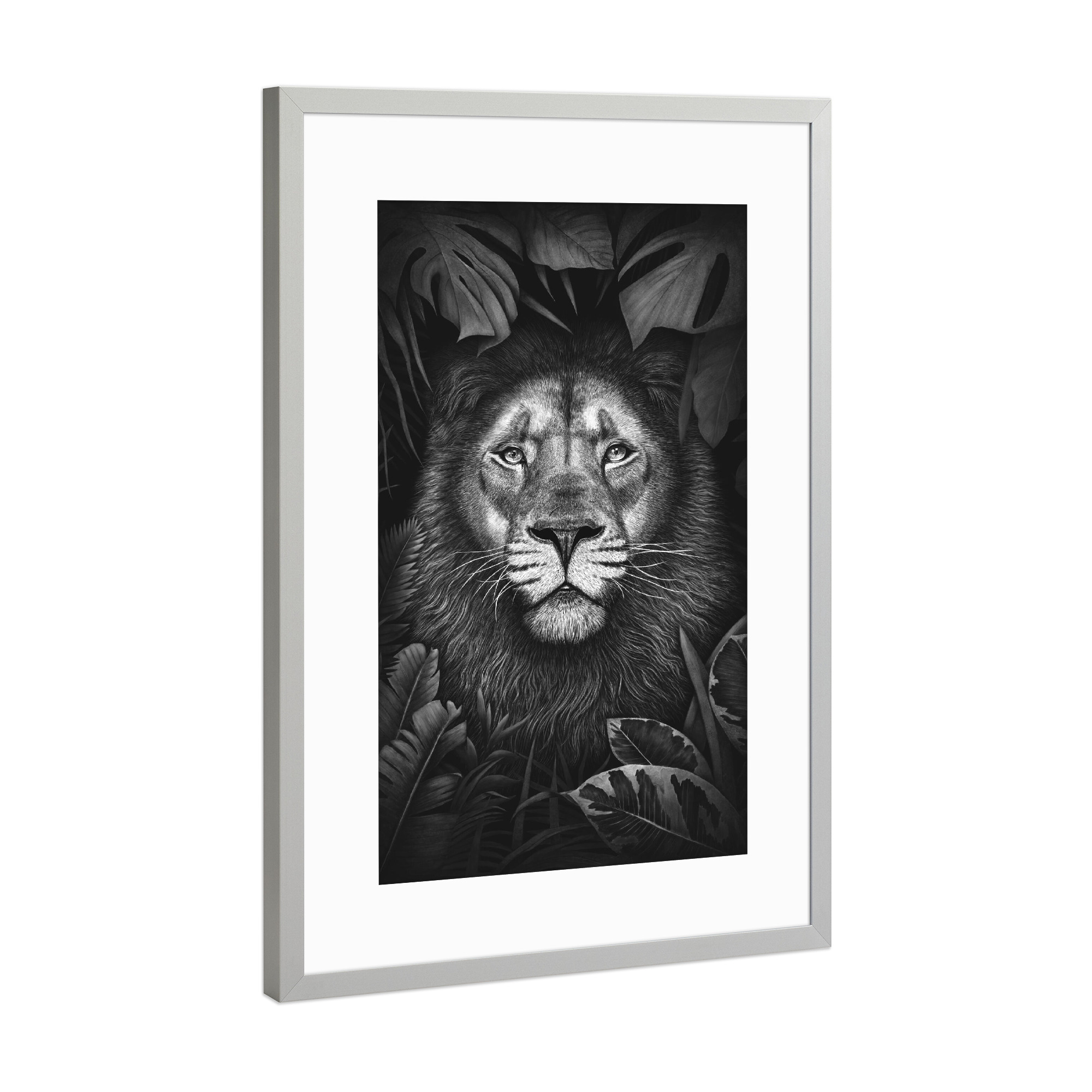 Poster mit Rahmen Silber "Lion in tropical leaves" artboxONE - Natur,Floral,Tiere,Schwarzweiß