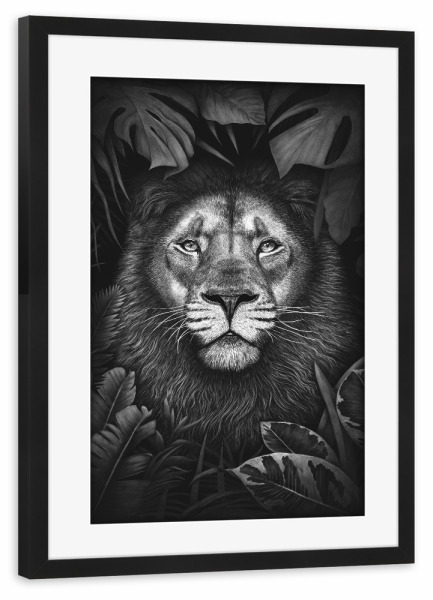 Poster mit Rahmen schwarz "Lion in tropical leaves" artboxONE - Natur,Floral,Tiere,Schwarzweiß