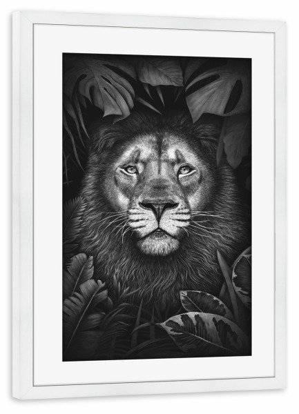 Poster mit Rahmen weiß "Lion in tropical leaves" artboxONE - Natur,Floral,Tiere,Schwarzweiß