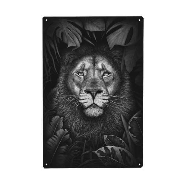 Metall Poster "Lion in tropical leaves" artboxONE - Natur,Floral,Tiere,Schwarzweiß