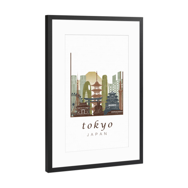 Poster mit Rahmen Schwarz (Metallic) "Tokyo skyline light brown" artboxONE - Architektur,Städte / Tokio