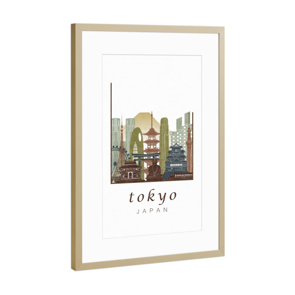 Poster mit Rahmen Gold "Tokyo skyline light brown" artboxONE - Architektur,Städte / Tokio