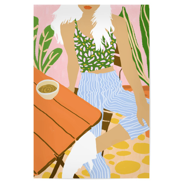 Poster "Kawa Tea" artboxONE - Menschen - Watercolor,Woman,Girl,Tea,Style,Fashion,Summer,Lifestyle,Plants,Nature,Hair,Tank top,Tiles,Vacation,Holiday