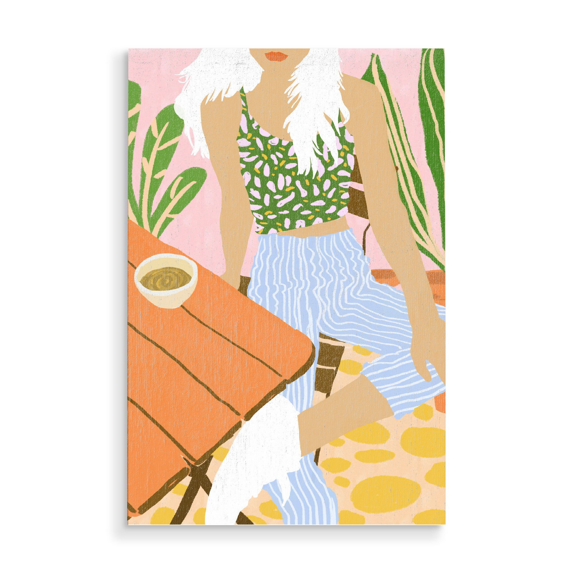 Holzbild "Kawa Tea" artboxONE - Menschen - Watercolor,Woman,Girl,Tea,Style,Fashion,Summer,Lifestyle,Plants,Nature,Hair,Tank top,Tiles,Vacation,Holiday