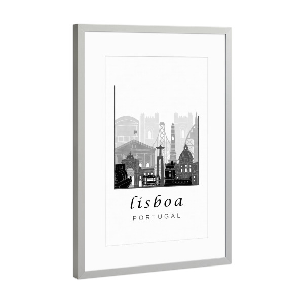 Poster mit Rahmen Silber "Lisbon skyline black white" artboxONE - Städte,Schwarzweiß,Architektur