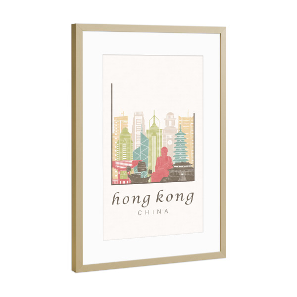 Poster mit Rahmen Gold "Hong Kong skyline pastel" artboxONE - Städte,Architektur