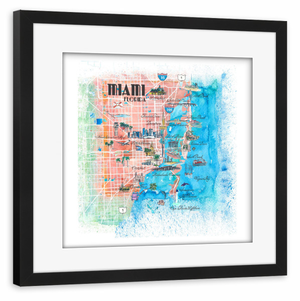 Poster mit Rahmen schwarz "Miami Illustrierte Karte" artboxONE - Städte,Architektur,Städte / Weitere,Kartografie