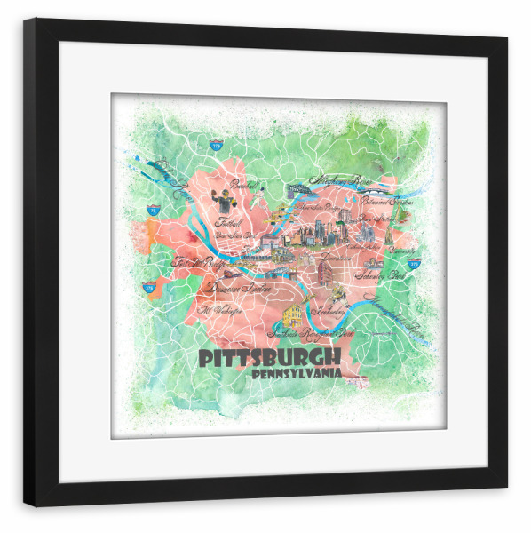 Poster mit Rahmen schwarz "Pittsburgh Illustrierte Karte" artboxONE - Städte,Architektur,Kartografie