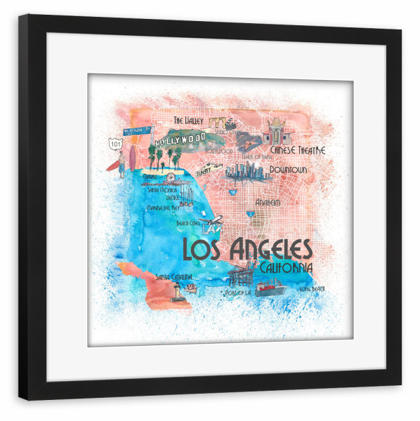 Poster mit Rahmen schwarz "Los Angeles Illustrierte Karte" artboxONE - Städte,Städte / Los Angeles,Kartografie