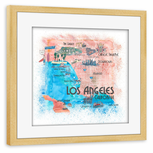 Poster mit Rahmen kiefer "Los Angeles Illustrierte Karte" artboxONE - Städte,Städte / Los Angeles,Kartografie