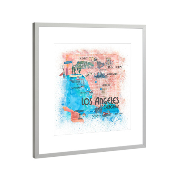 Poster mit Rahmen Silber "Los Angeles Illustrierte Karte" artboxONE - Städte,Städte / Los Angeles,Kartografie