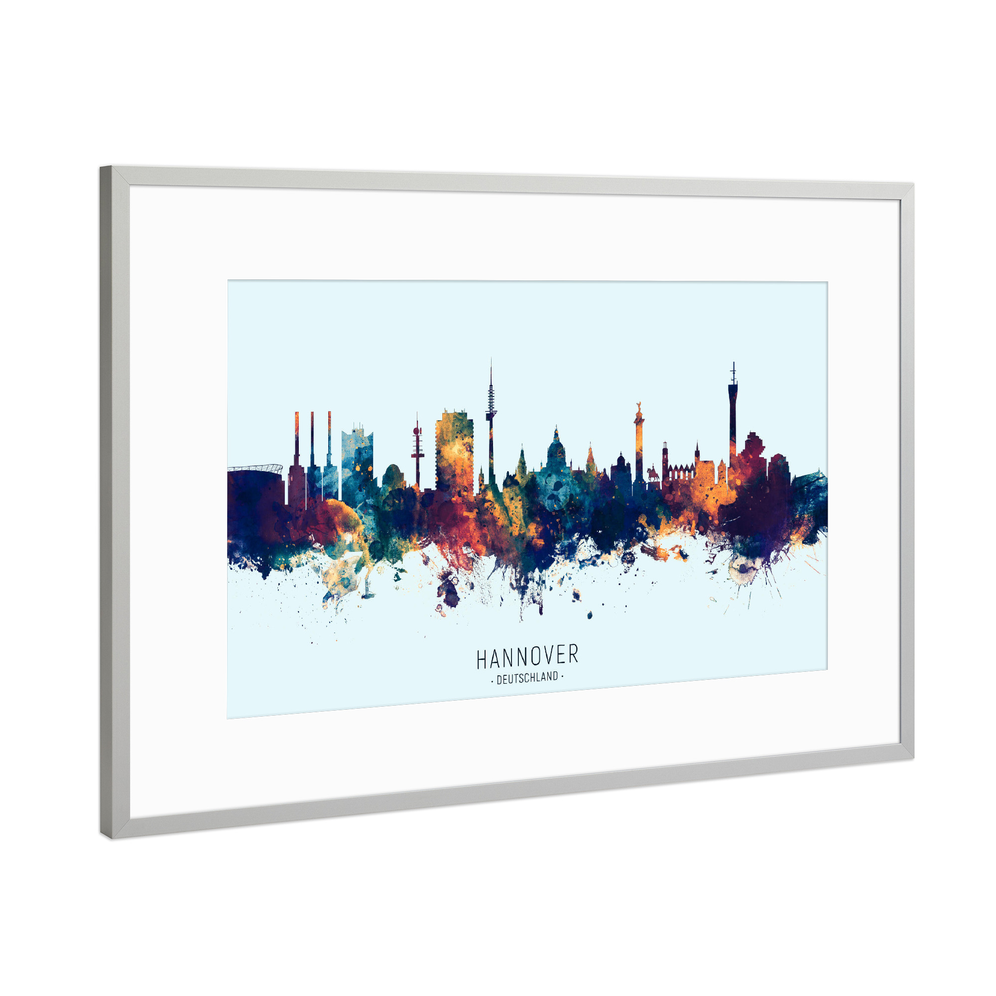 Poster mit Rahmen Silber "Hannover Skyline BlueOrange" artboxONE - Städte
