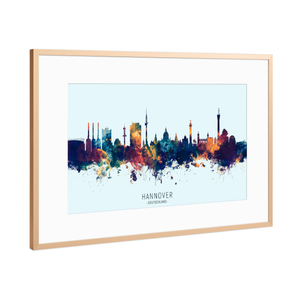 Poster mit Rahmen Kupfer "Hannover Skyline BlueOrange" artboxONE - Städte