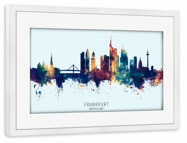 Poster mit Rahmen weiß "Frankfurt Skyline BlueOrange" artboxONE - Städte,Städte / Frankfurt