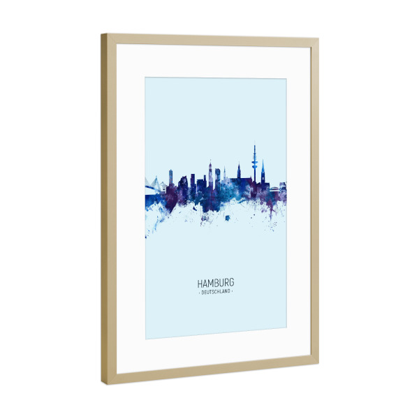 Poster mit Rahmen Gold "Hamburg Germany Skyline Dark Blue" artboxONE - Städte,Städte / Hamburg