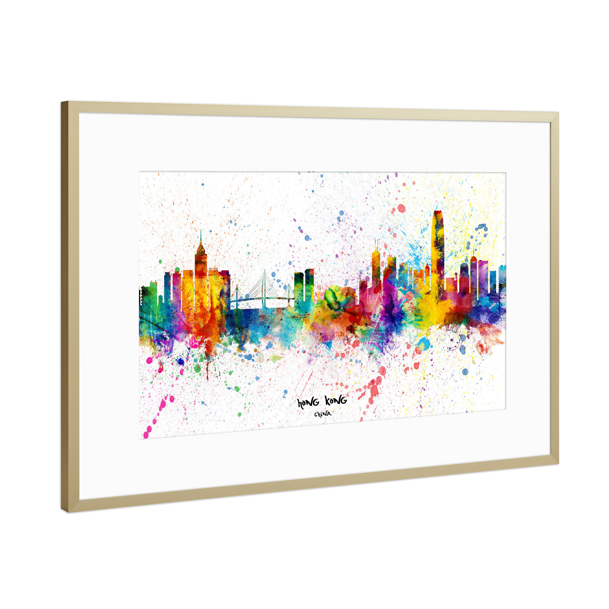 Poster mit Rahmen Gold "Hong Kong Skyline Splash" artboxONE - Städte - Hong kong,China,Skyline,Cityscape,Stadtbild,Watercolor,City,Stadt,Colorful,Bunt