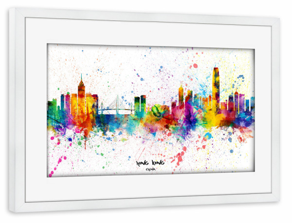 Poster mit Rahmen weiß "Hong Kong Skyline Splash" artboxONE - Städte - Hong kong,China,Skyline,Cityscape,Stadtbild,Watercolor,City,Stadt,Colorful,Bunt