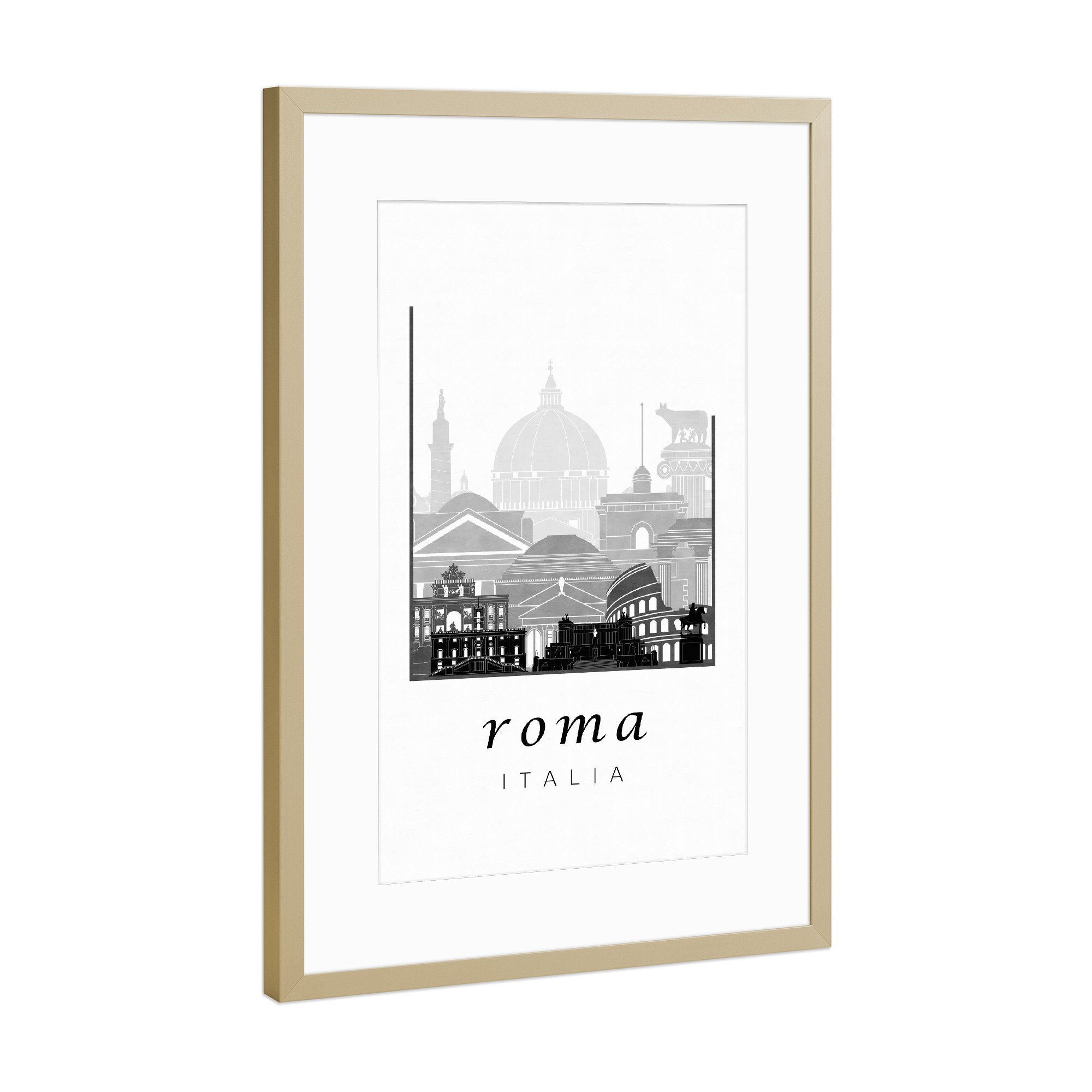 Poster mit Rahmen Gold "Rome skyline black & white" artboxONE - Schwarzweiß,Architektur,Städte / Rom