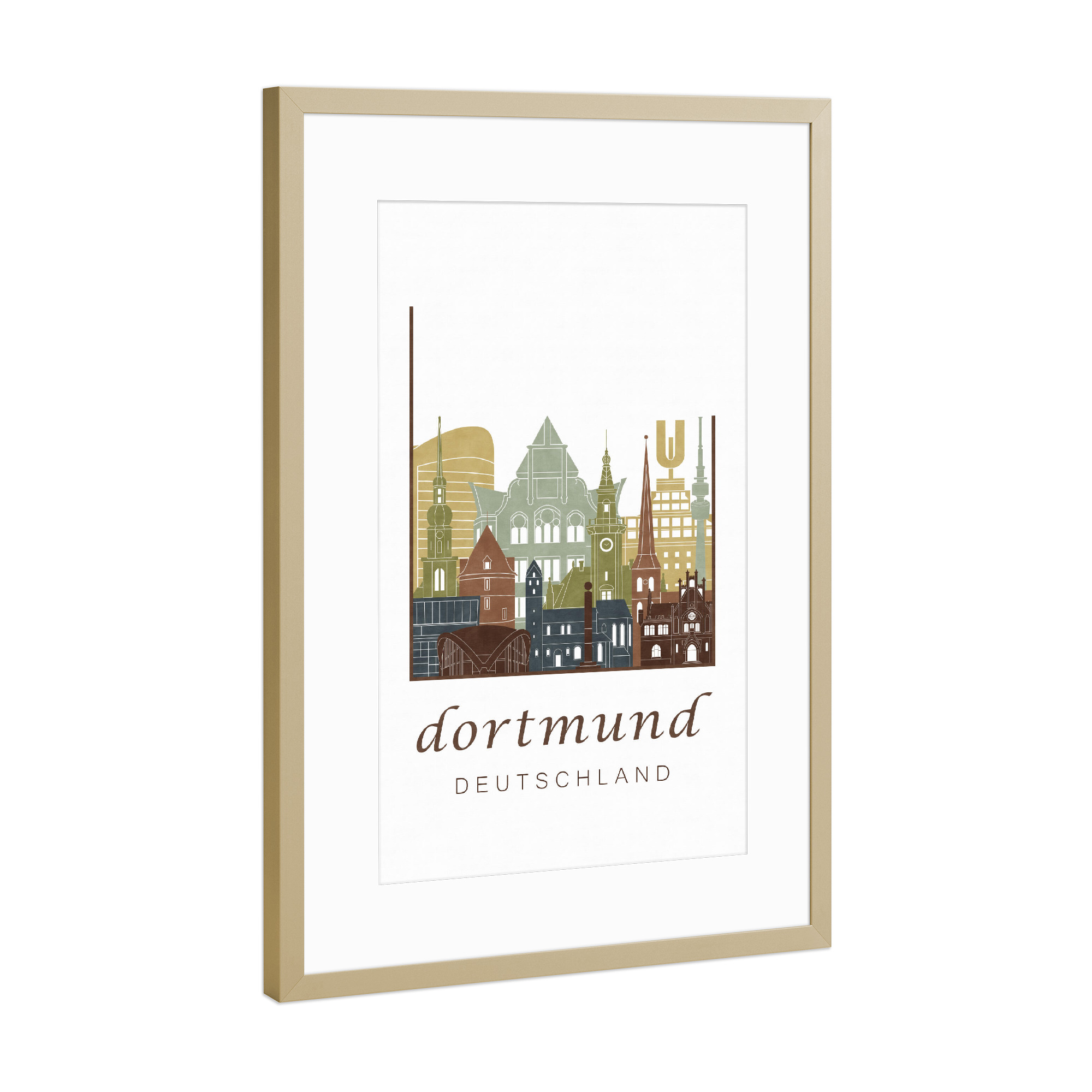 Poster mit Rahmen Gold "Dortmund skyline light brown" artboxONE - Städte,Architektur