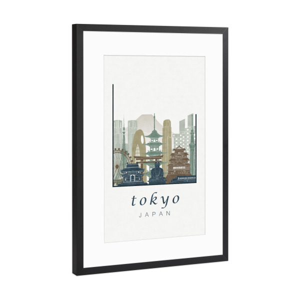 Poster mit Rahmen Schwarz (Metallic) "Tokyo skyline light blue" artboxONE - Städte,Architektur,Städte / Tokio