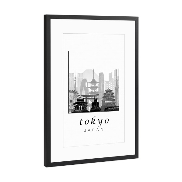 Poster mit Rahmen Schwarz (Metallic) "Tokyo skyline black & white" artboxONE - Schwarzweiß,Architektur,Städte / Tokio