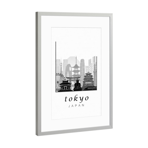Poster mit Rahmen Silber "Tokyo skyline black & white" artboxONE - Schwarzweiß,Architektur,Städte / Tokio