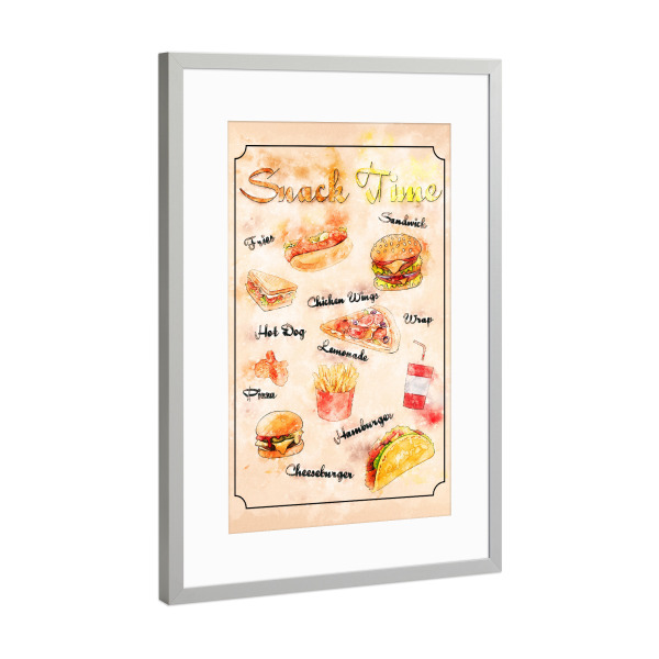Poster mit Rahmen Silber "Zeit für Snacks" artboxONE - Essen & Trinken