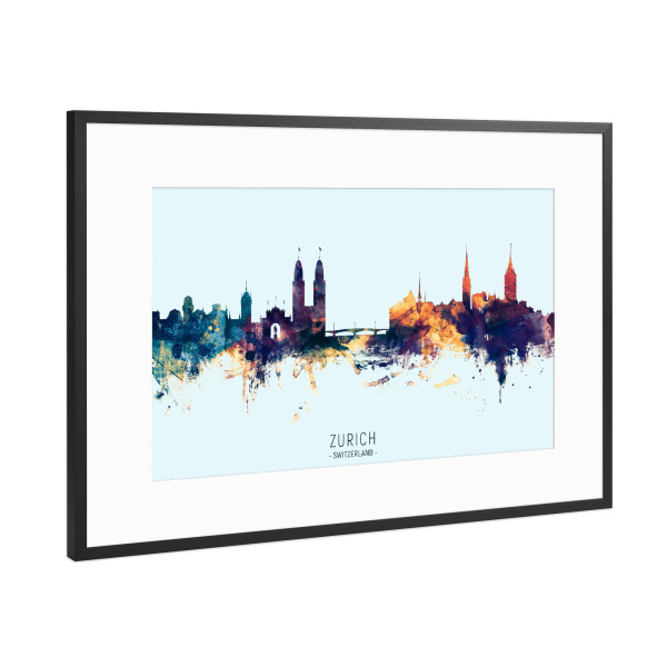 Poster mit Rahmen Schwarz (Metallic) "Zurich Skyline BlueOrange" artboxONE - Städte,Städte / Zürich