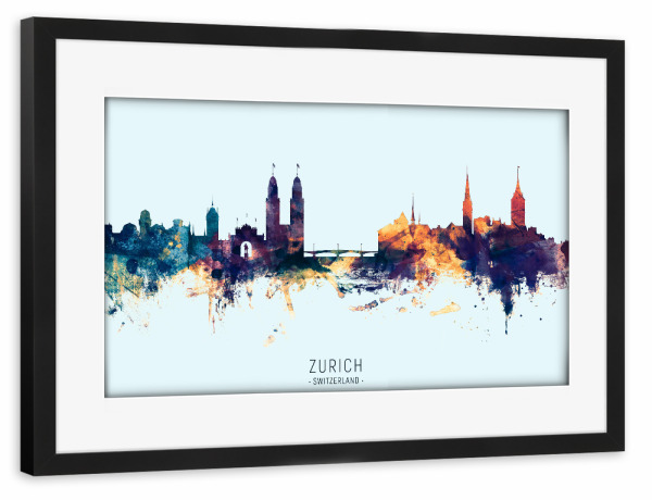 Poster mit Rahmen schwarz "Zurich Skyline BlueOrange" artboxONE - Städte,Städte / Zürich