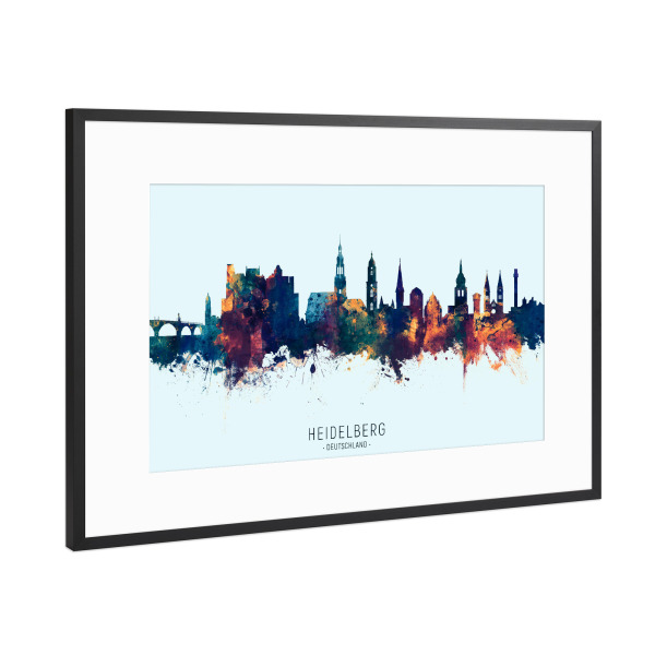 Poster mit Rahmen Schwarz (Metallic) "Heidelberg Skyline BlueOrange" artboxONE - Städte