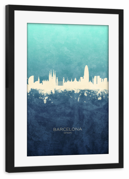 Poster mit Rahmen schwarz "Barcelona Spain Skyline NavyCyan" artboxONE - Städte,Städte / Barcelona