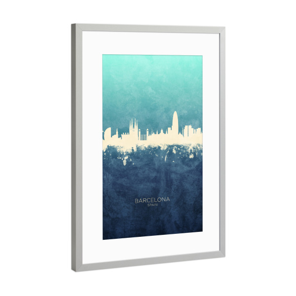 Poster mit Rahmen Silber "Barcelona Spain Skyline NavyCyan" artboxONE - Städte,Städte / Barcelona