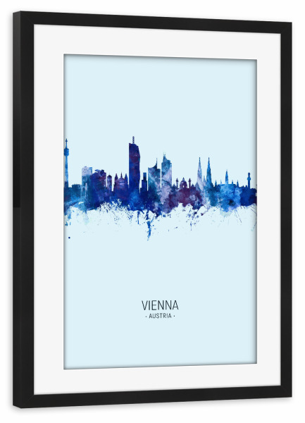 Poster mit Rahmen schwarz "Vienna Austria Skyline Dark Blue" artboxONE - Städte,Städte / Wien