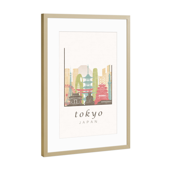 Poster mit Rahmen Gold "Tokyo skyline pastel" artboxONE - Städte,Architektur,Städte / Tokio
