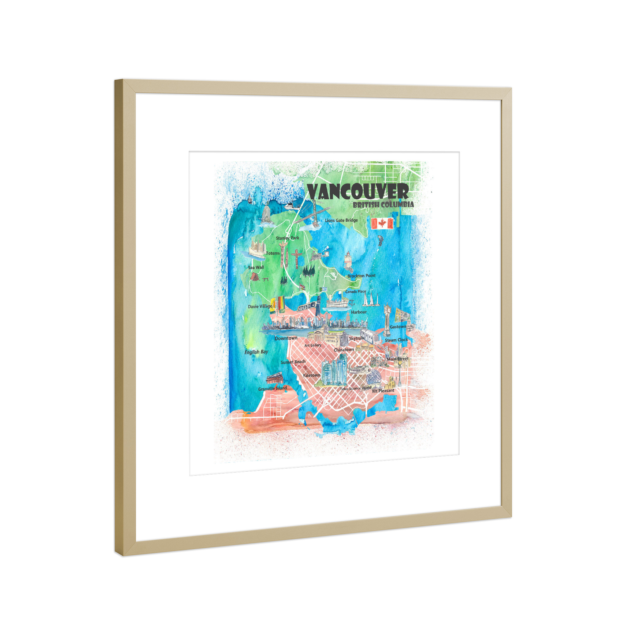 Poster mit Rahmen Gold "Vancouver Illustrierte Karte" artboxONE - Städte,Architektur,Städte / Weitere,Kartografie