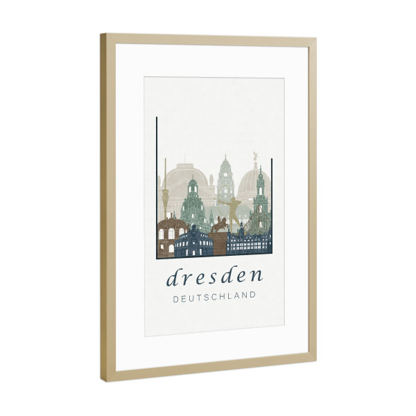 Poster mit Rahmen Gold "Dresden skyline light blue" artboxONE - Städte,Architektur,Städte / Dresden