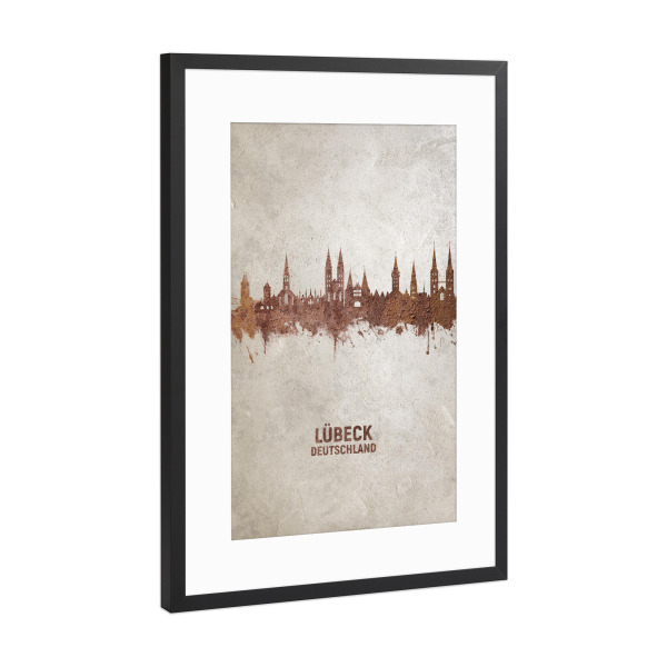 Poster mit Rahmen Schwarz (Metallic) "Lübeck Germany Skyline Rust" artboxONE - Städte