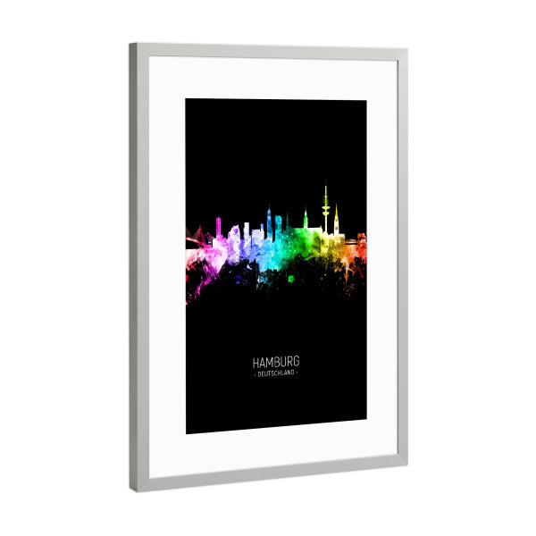 Poster mit Rahmen Silber "Hamburg Skyline Colour Black" artboxONE - Städte,Städte / Hamburg